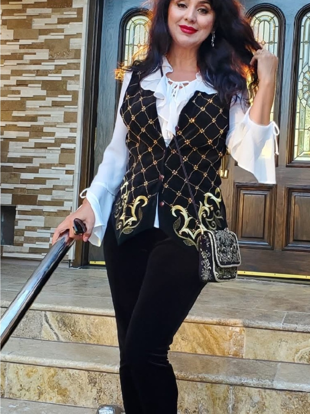 Black Velvet Vest with Gold Embroidered Trellis